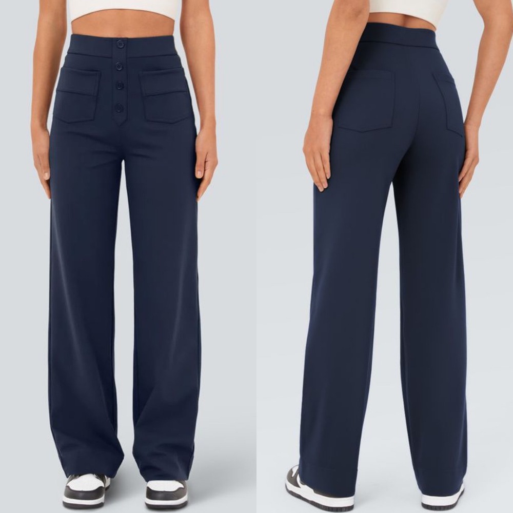 Halara Navy Blue Button Front Wide Leg Pants Womens Sizeโ Large Pockets Minimal
